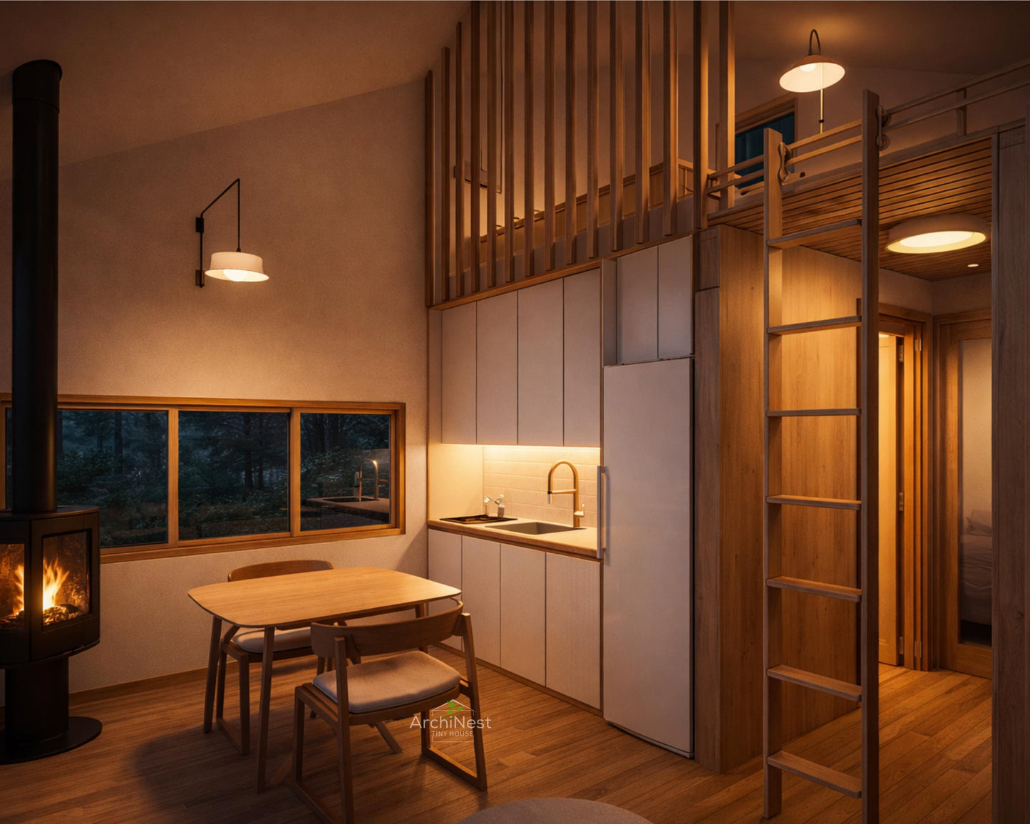 16x16 Diagonal Roof Modern Tiny House Plan