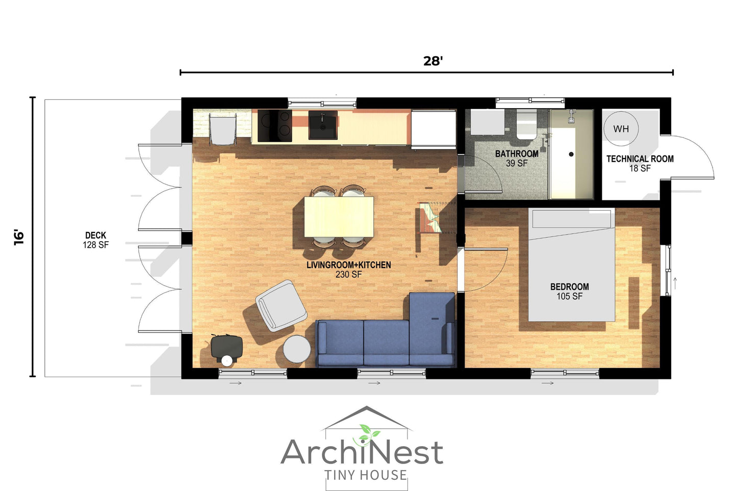 16' x 28' Modern Farmhouse Cabin Plan