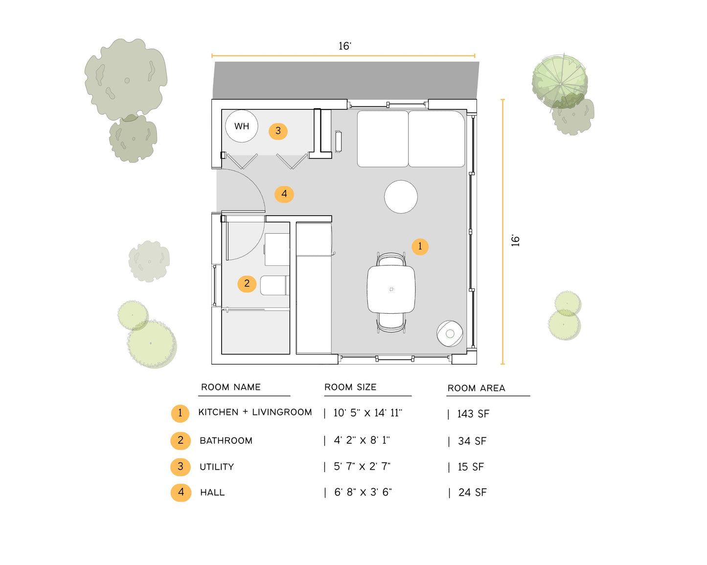 16x16 Diagonal Roof Modern Tiny House Plan