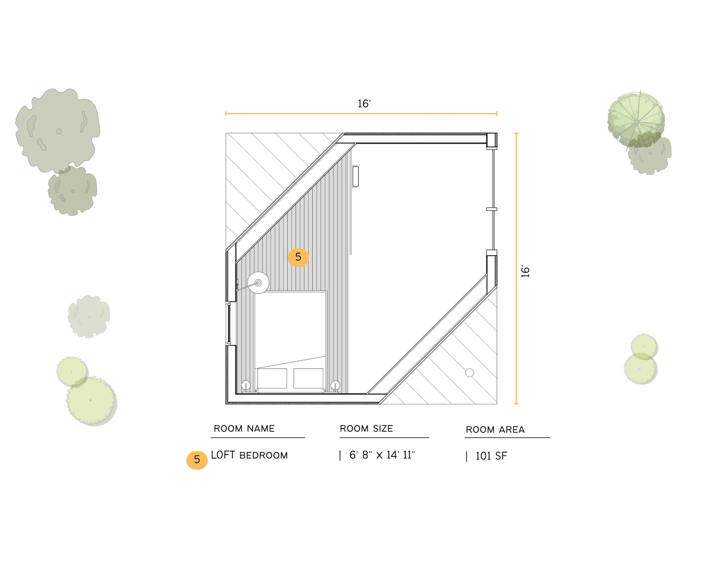 16x16 Diagonal Roof Modern Tiny House Plan