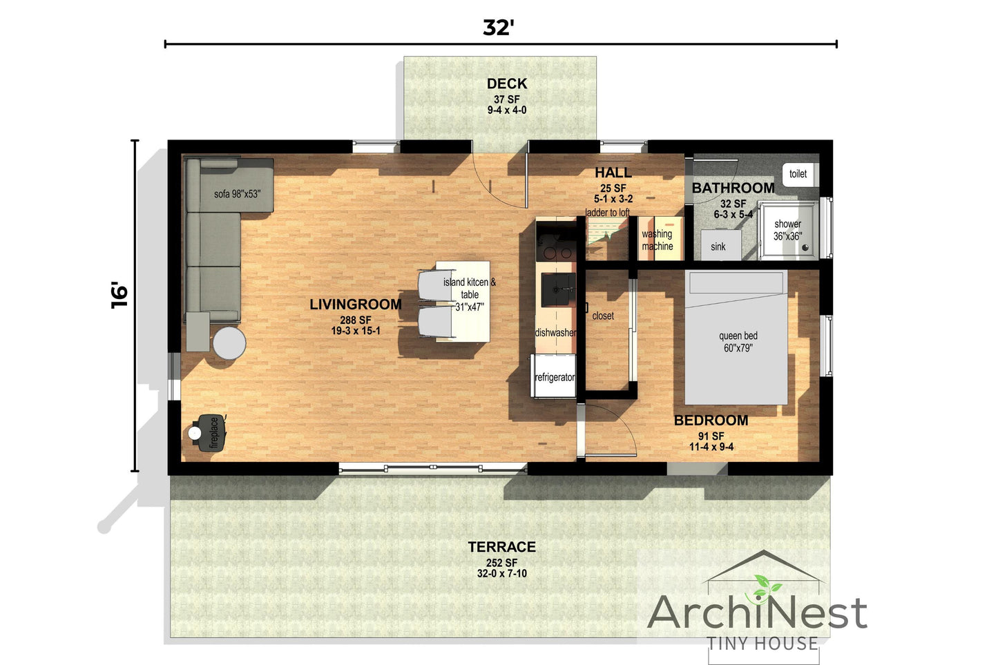 16' x 32' Modern Barn House Plan