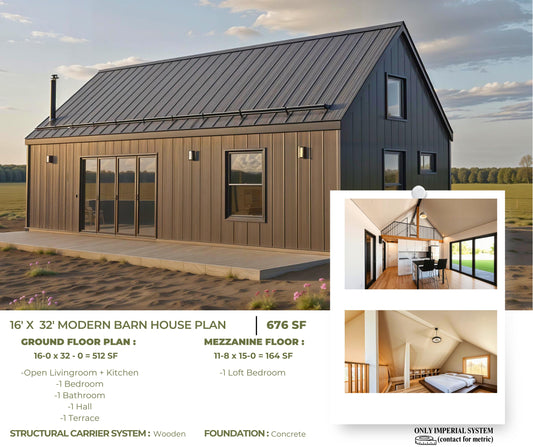 16' x 32' Modern Barn House Plan