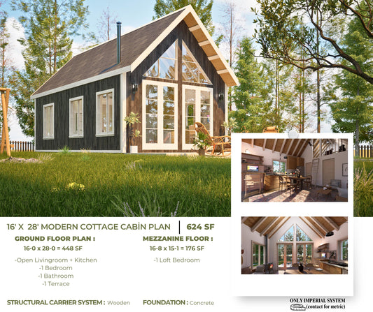 16' x 28' Modern Farmhouse Cabin Plan
