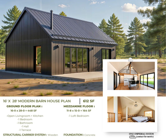 16' x 28' Modern Barn House Plan